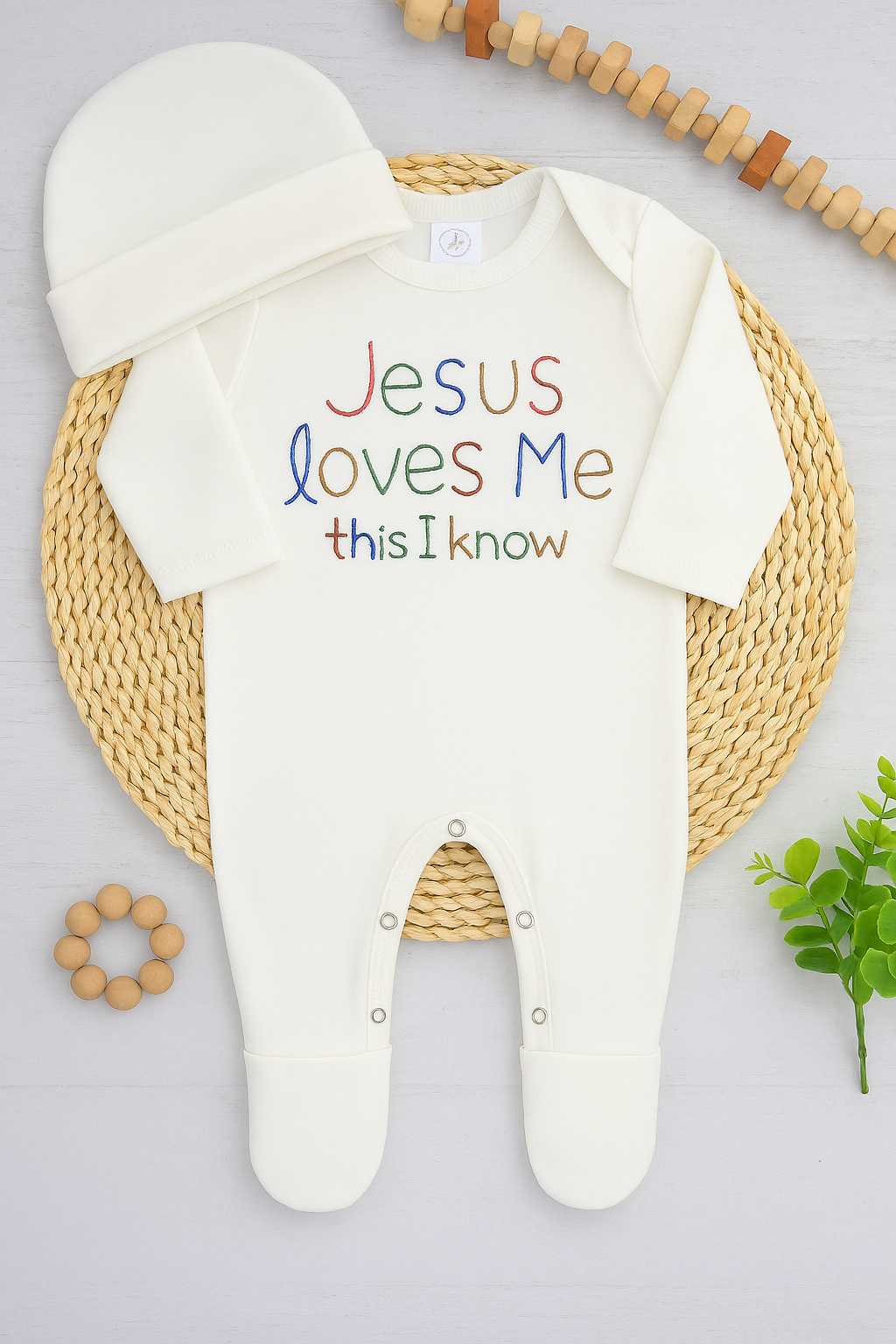 Jesus Loves Me baby boy romper & hat