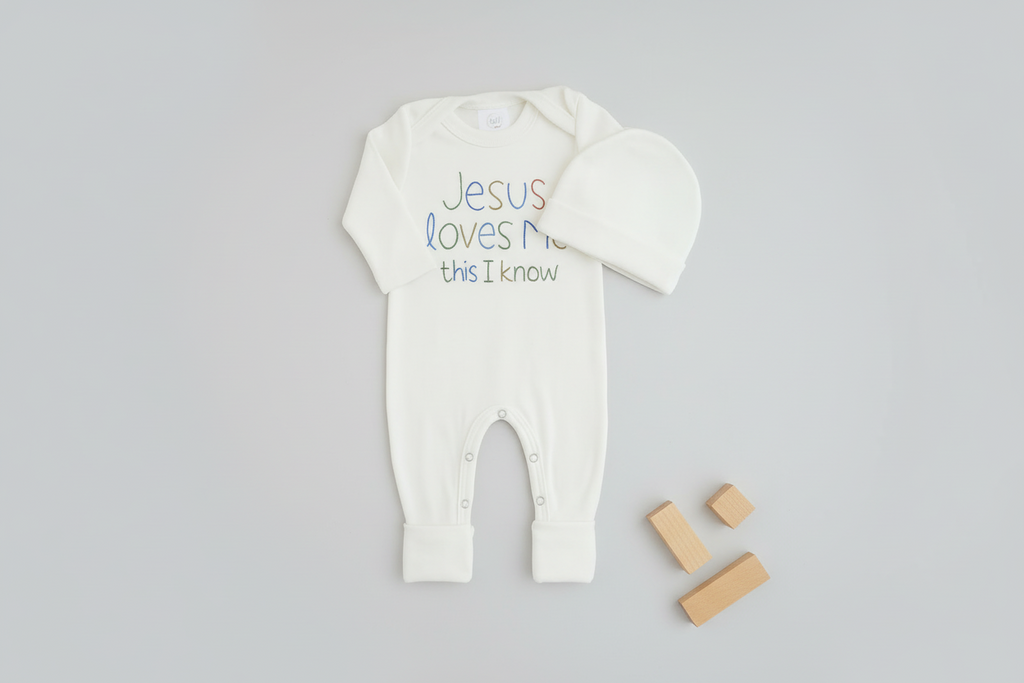Jesus Loves Me baby boy romper & hat
